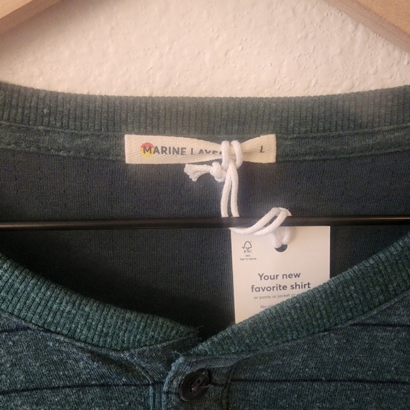 Marine Layer Double Knit Stripe Henley Ponderosa Pine Navy Shirt Mens Large - Picture 2 of 7